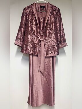 R&M Richards Mauve Satin Evening Gown Dress Jacket Matching Set Long Skirt Pink